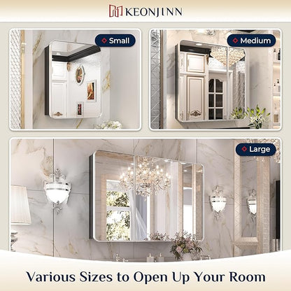Keonjinn 24 x 32 Inch Chrome Recessed Medicine Cabinets, Bathroom Mirrored Medicine Cabinet, Silver Stainless Steel Framed, Adjustable Shelves, in Wall or Surface Mount, Sturdy & Heavy, Farmhouse