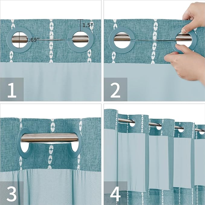 No Hook Long Shower Curtain Set with Snap-in Fabric Liner,Linen Textured Thick Striped Fabric with Tassels,Boho Farmhouse Rustic Luxury Bathroom Curtain,Water-Repellent,Teal,71x80
