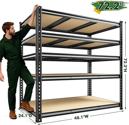 2800 LBS Garage Shelving 72.2" H Garage Storage Shelves, 5 Tier Adjustable Shelving Unit, Storage Shelves for Storage, Basement, Warehouse, Pantry, Kitchen, 48.1" W x 24.1" D x 72.2" H, Black