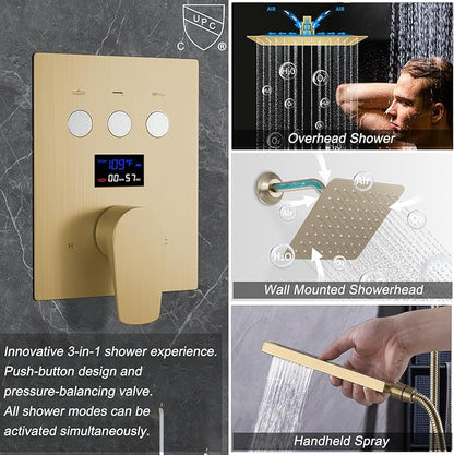 Shower Faucet Set Brushed Gold Shower System with 12 inch and 8 inch Wall Mounted Shower Head, Digital Temperature Display Push Button Shower Fixtures with Handheld Shower