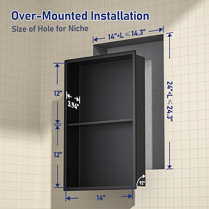 Stainless Steel Shower Niche 24"×14" Matte Black with Shelf No Tiled Needed Niche Shower for Bathroom Wall Recessed Shower Box for Bathroom Storage