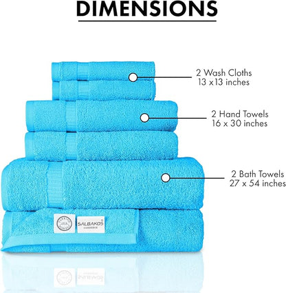 SALBAKOS 100% Turkish Cotton 6-Piece Towel Set | Heirloom Quality Hotel & Spa Collection | Soft, Super Absorbent 2 Washcloth, 2 Hand, 2 Bath Towel Sets | Made in Turkey (Aqua, 6 Piece Towel Set)