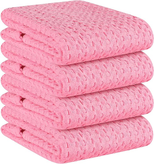 Native Fab 100% Cotton Premium Waffle Kitchen Towels, 4 Pack, 16" x 26", Super Absorbent Reusable Cleaning Cloths, Tea Towels, Machine Washable Hand Towels, Pink