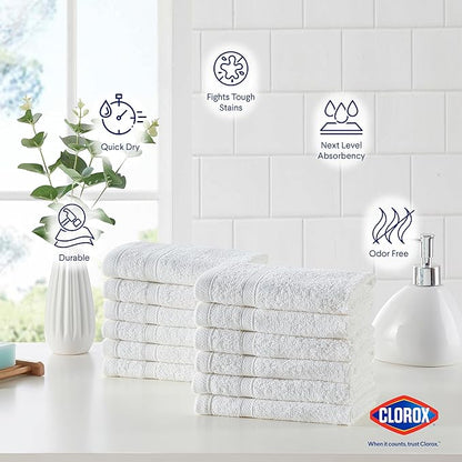 Clorox Bleach Friendly, Quick Dry, 100% Cotton Washcloths (12" x 12"), Highly Absorbent Soft Lightweight, Ideal for Everyday Use, Easy to Wash (12 Pack, White)