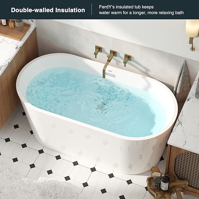 FerdY Luzon 55" Acrylic Freestanding Bathtub, Classic Oval Shape Soaking Bathtub with Toe-Tap Chrome Drain and Classic Slotted Overflow Included, Modern White, cUPC Certified
