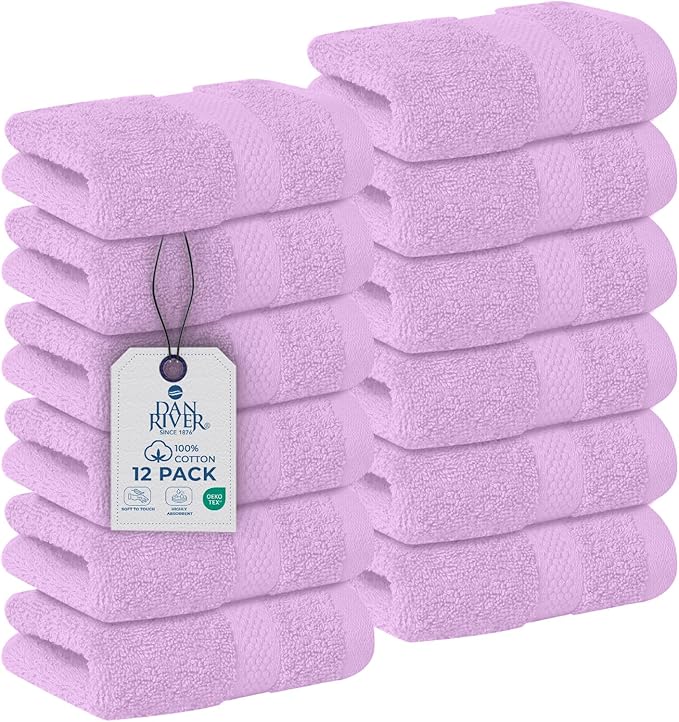 DAN RIVER 12-Pack Premium 100% Cotton Lavendar Face Towels – Reusable Face Towel Set, Soft & Absorbent Wash Rags for Bathroom & Body – Hand and Face Towels, 550 GSM (12x12 in)