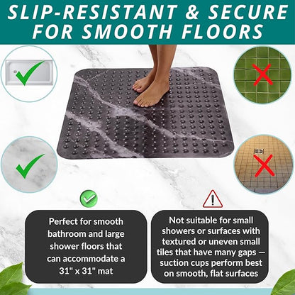 ENKOSI Extra Large Square Non Slip Shower Mat - 31 x 31-inch XL Bathroom Shower Mat - Square Shower Matts for Shower Stall Floors | Secure Suction Cups and Drain Holes (31x31 Marble Black)
