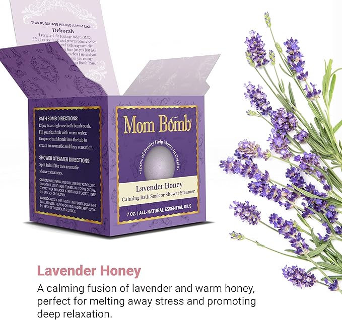 Mom Bomb Lavender Honey Bath Bomb (Shower Steamer) – Essential Oils, Clean Ingredients – Relaxing Aromatherapy Fizz, Skin-Softening – Made in USA - Gift for Women 7 Ounce