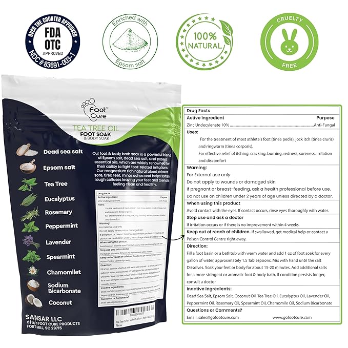 FOOT CURE Tea Tree Oil & Soothing Lavender Foot Soak with Epsom Salt - Best Toenail Treatment & Softens Calluses - Soothes Sore & Tired Feet, Foot Odor Scent, Spa Pedicure - 16 oz (Pack of 2)