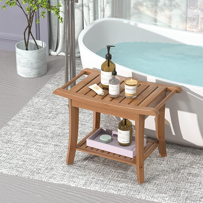 Bamboo Shower Stool Bench Waterproof with Storage Shelf for Shaving Legs or Spa Bath Seat in Bathroom & Inside Shower for Adults Seniors Elderly (24 x 13.4 x 18.5 inches+Walnut)