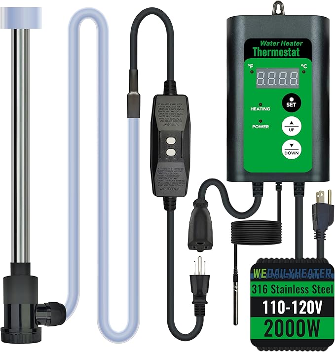 2000W Immersion Water Heater for Bathtub & Above Ground Pool – Portable Fully Submersible Electric Heater with Temp Control & GFCI for Inflatable Pool, Baptismal pool, bucket & Hot Tub