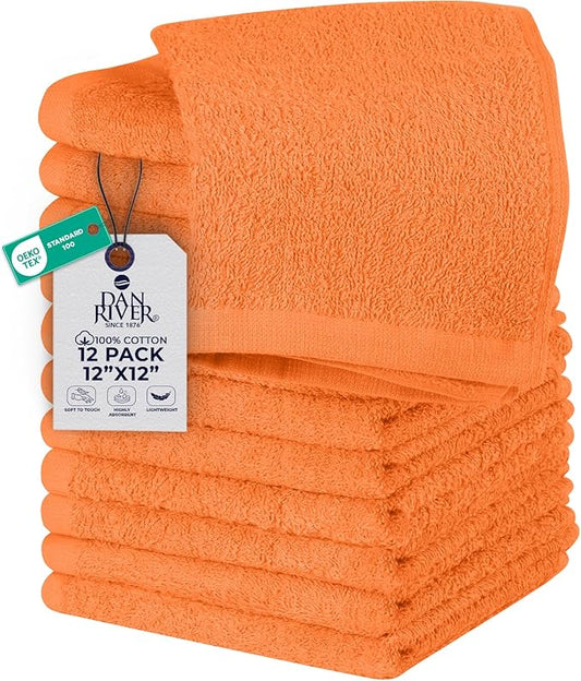 DAN RIVER 12 Pack Wash Cloths for Showering [12x12] - 100% Cotton Washcloths Premium Quality Flannel Face Cloths for Bathroom, Highly Absorbent and Soft Feel Wash Clothes, Orange