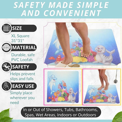 Extra Large Square Shower Mat Non Slip - Stall Shower for Shower Bathroom Non Slip for Shower - Secure Mat for Shower Floor - Safety Shower Mat Loofah (Kids Dolphin 31x31)