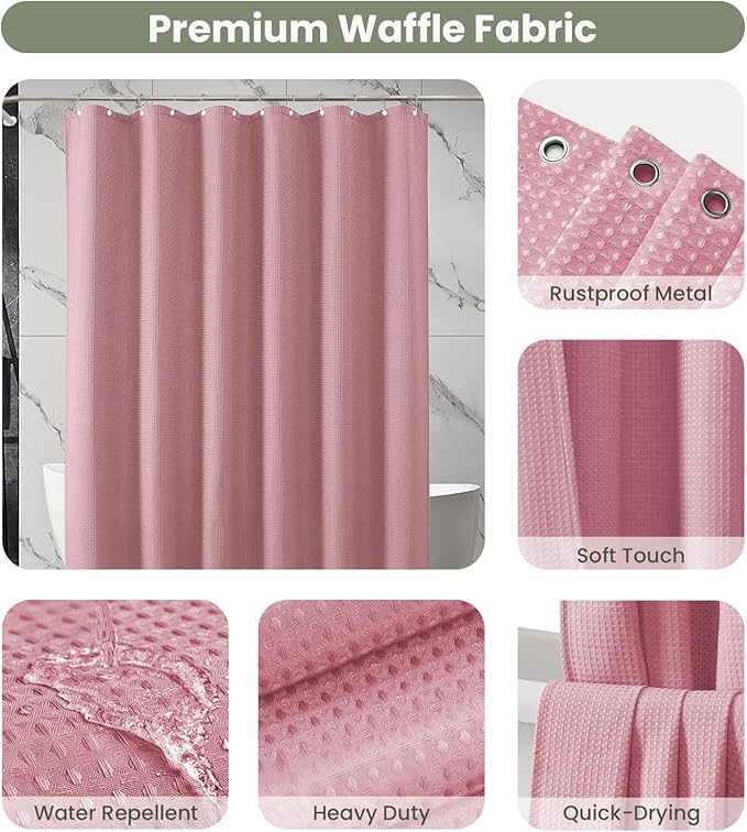 Inhousolu Fabric Shower Curtain Waffle Weave, 230 GSM Heavy Duty, Weighted Hem, 14 Metal Hooks, Water Repellent, Machine Washable, Hotel Spa Luxury Bath Curtain Set, 72 x 72 Inch, Pink