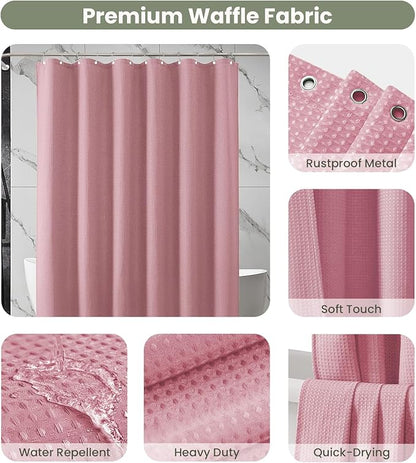 Inhousolu Fabric Shower Curtain Waffle Weave, 230 GSM Heavy Duty, Weighted Hem, 14 Metal Hooks, Water Repellent, Machine Washable, Hotel Spa Luxury Bath Curtain Set, 72 x 72 Inch, Pink