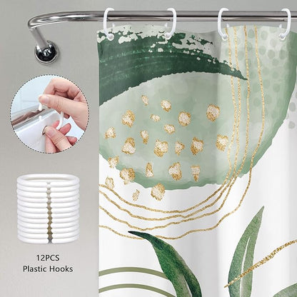 Sage Green Boho Shower Curtain Mid Century Modern Abstract Tropical Palm Leaves Minimalist Gold Olive Geometric Plant 72Wx72H Bathroom Decor Bath Curtain Liner Fabric Polyester 12 Pack Hooks