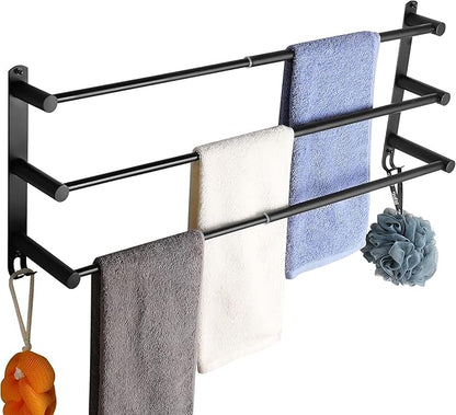 Black Adjustable Towel Bar for Bathroom Wall Mount17-30.7inch Adhesive Shower Towel Rack Stainless Steel Bath Towel Holders for Toilet Kitchen Double Towel Hanger (Black 3 Bar)