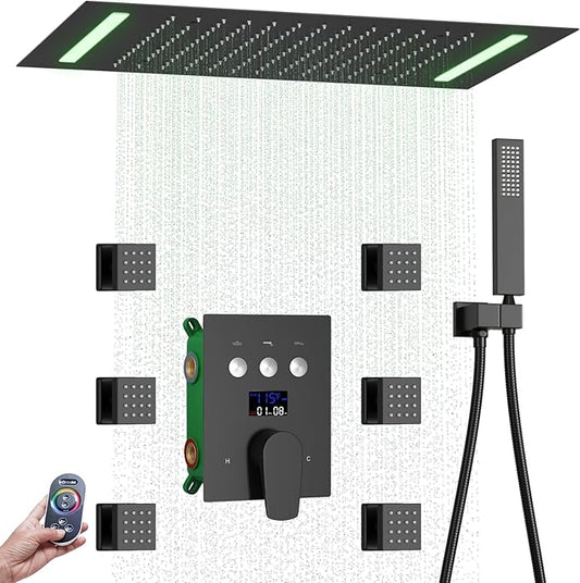 Bathroom shower system Ceiling 14x20 inch shower head, spray with handle, 6 PCS Body Jet and Handheld, temperature display shower faucet set (Matte Black)