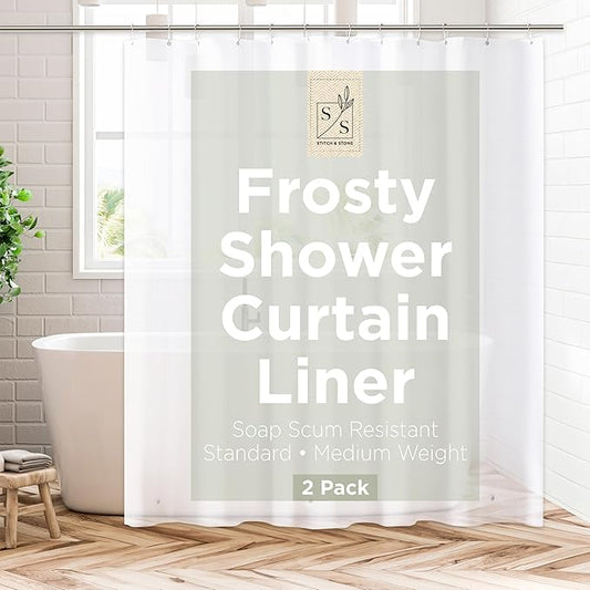 Stitch & Stone Shower Curtain Liner, Premium Medium Weight Durable Waterproof 6g PEVA for Bathroom with Weighted Magnets, Standard Size 72" x 72", Frosty 2 Pack