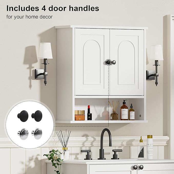 Bathroom Medicine Cabinet,2 Doors White Bathroom Wall Cabinet with Arched,Over Toilet Storage Cabinet for Laundry Room/Kitchen/Living Room,Surface Mount Medicine Cabinets 23x24