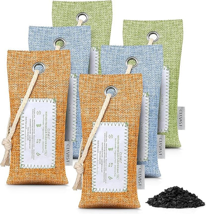 CLEVAST 6 Pack Bamboo Charcoal Air Purifying Bags(6x60g), Activated Natural Home Odor Absorber, Deodorizer and Moisture Eliminator, Purifier for Closet, Shoe, Car Air freshener, Pet Safe