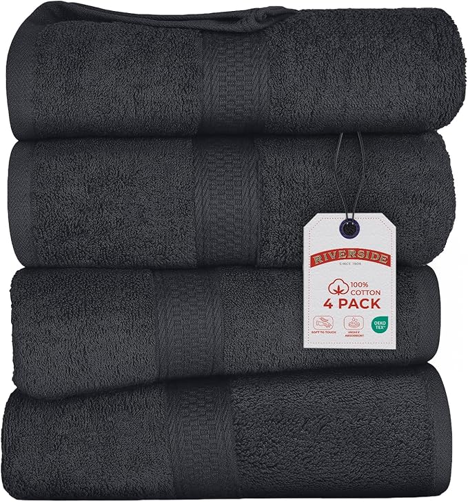 RIVERSIDE 100% Ring Spun Cotton Large Bath Towels Set of 4, 27 x 54 – Quick Dry, Soft & Highly Absorbent Towels for Shower & Bathroom – Luxury 600 GSM Towels for Home, Spa, Gym, Hotel, Charcoal