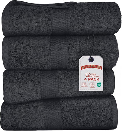 RIVERSIDE 100% Ring Spun Cotton Large Bath Towels Set of 4, 27 x 54 – Quick Dry, Soft & Highly Absorbent Towels for Shower & Bathroom – Luxury 600 GSM Towels for Home, Spa, Gym, Hotel, Charcoal