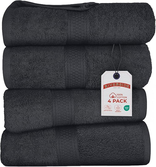RIVERSIDE 100% Ring Spun Cotton Large Bath Towels Set of 4, 27 x 54 – Quick Dry, Soft & Highly Absorbent Towels for Shower & Bathroom – Luxury 600 GSM Towels for Home, Spa, Gym, Hotel, Charcoal