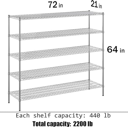 21" Deep x 72" Wide x 64" Height Wire Shelving Kit | 5-Tier | NSF Commercial Storage Rack Unit