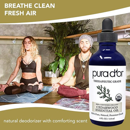 PURA D'OR Organic Cedarwood Essential Oil (4oz with Glass Dropper) 100% Pure & Natural Therapeutic Grade for Hair, Body, Skin, Aromatherapy Diffuser, Relaxation, Massage, Odors, Home, DIY Soap