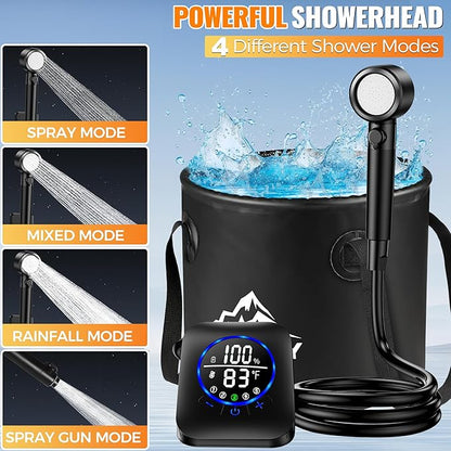 Portable Shower for Camping, 8000mAh Rechargeable Camping Shower Pump with XL Foldable Bucket, IPX8 Waterproof, Surrounding Water Inlet, 5 Pressure Modes Outdoor Shower Pump for Hiking, Travel, Pet