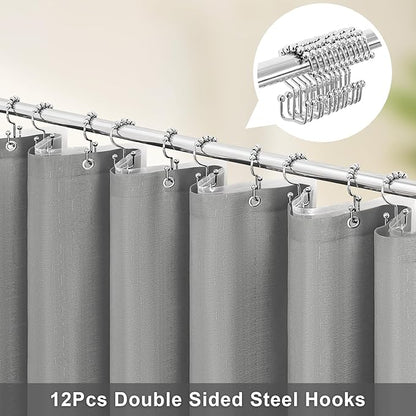 MitoVilla 3 in 1 Shower Curtain Set, Grey Boho Farmhouse Linen Textured Bath Curtain and Clear PEVA Liner Set with 12 Double Sided Steel Hooks, Waterproof Fabric Hotel Bathroom Curtain - 72x72