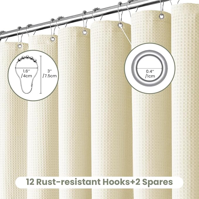 Inhousolu Fabric Shower Curtain Waffle Weave, 230 GSM Heavy Duty, Weighted Hem, 14 Metal Hooks, Water Repellent, Machine Washable, Hotel Spa Luxury Bath Curtain Set, 72 x 78 Inch, Ivory