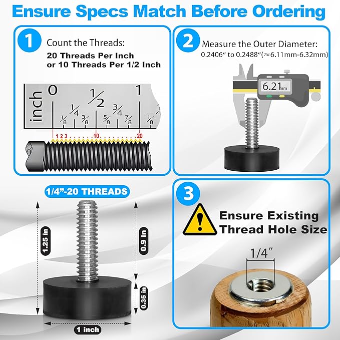 12 Pack All-Rubber 1/4"-20 UNC Leveling Feet with Inserts, Adjustable Levelers for Table Chair Stool Legs - 0.35" to 0.85" Height Range, Anti-Slip