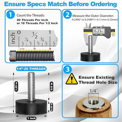 12 Pack All-Rubber 1/4"-20 UNC Leveling Feet with Inserts, Adjustable Levelers for Table Chair Stool Legs - 0.35" to 0.85" Height Range, Anti-Slip