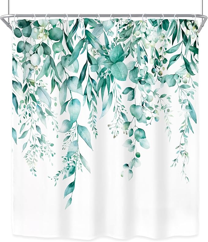 Riyidecor Teal Eucalyptus Leaves Shower Curtain for Bathroom Decor 60Wx72H Botanical Plants Spring Flower Herbs Botany Floral Art Printed Fabric Polyester Waterproof 12 Pack Plastic