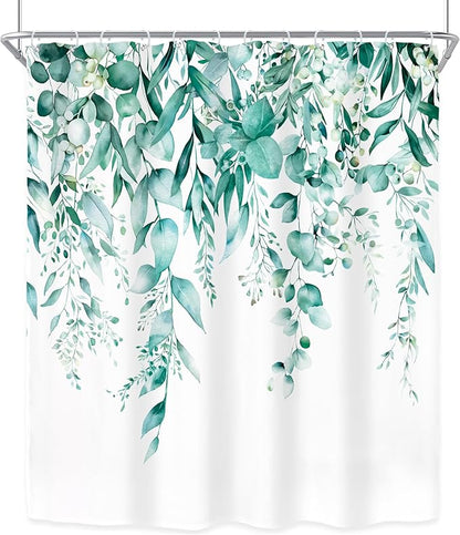 Riyidecor Teal Eucalyptus Leaves Shower Curtain for Bathroom Decor 60Wx72H Botanical Plants Spring Flower Herbs Botany Floral Art Printed Fabric Polyester Waterproof 12 Pack Plastic