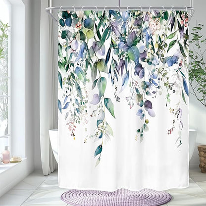 Riyidecor Extra Long Navy Eucalyptus Shower Curtain for Bathroom Decor 54Wx78H Eucalyptus Plants Leaves Botanical Leaf Floral Art Printed Fabric Polyester Waterproof 12 Pack Plastic