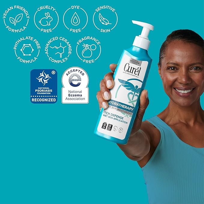 Curel Itch Defense In Shower Lotion for Sensitive and Dry Skin, Hydra Therapy Body Lotion with Vitamin E, Fast-Absorbing Ceramide Moisturizer, Repairs Moisture Barrier, Unscented, 12 Oz (Pack of 2)
