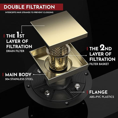 WEBANG 4 Inch Square Shower Drain Gold Floor Drain with Flange Reversible 2-in-1 Cover Tile Insert Grate Removable SUS304 Stainless Steel CUPC Certified Brushed Gold