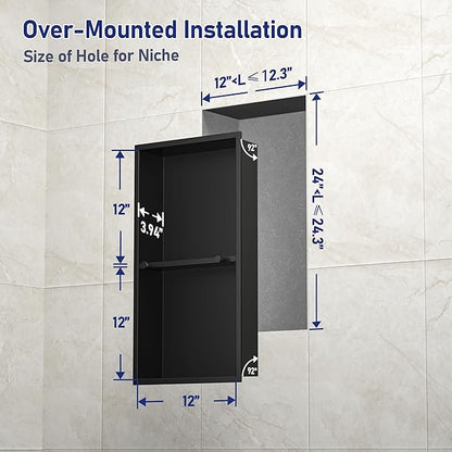Stainless Steel Shower Niche w/Hooks, Wall Vertical Niche Without Tiling, Recessed Shower Shelf for Bathroom Storage, Over-Mount Installation (Black, 12'' x 24'')