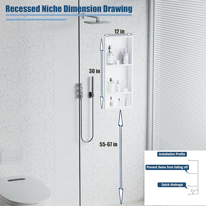 No Tile Needed Shower Niche for Bathroom Storage,Recessed Wall Niche,Three-Tier Shelves,Stainless Steel 12"×30" Matte White (White, 30 * 12 in)