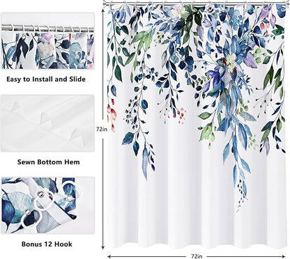 Shower Curtain Blue Green Eucalyptus Shower Curtains for Bathroom, Watercolor Leaf Shower Curtain Sets Waterproof Plant Shower Curtain Leaves Fabric Cloth Bathroom Curtains 72x72 inch with Hooks