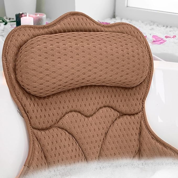 REEZEIVI Bath Pillows for Tub,Bath Pillow with 6 Non-Slip Suction Cups,Soft 4D Mesh Fabric,Bathtub Pillows for Tub Neck and Back Support,Extra Thick Luxury Bathtub Pillows,Brown