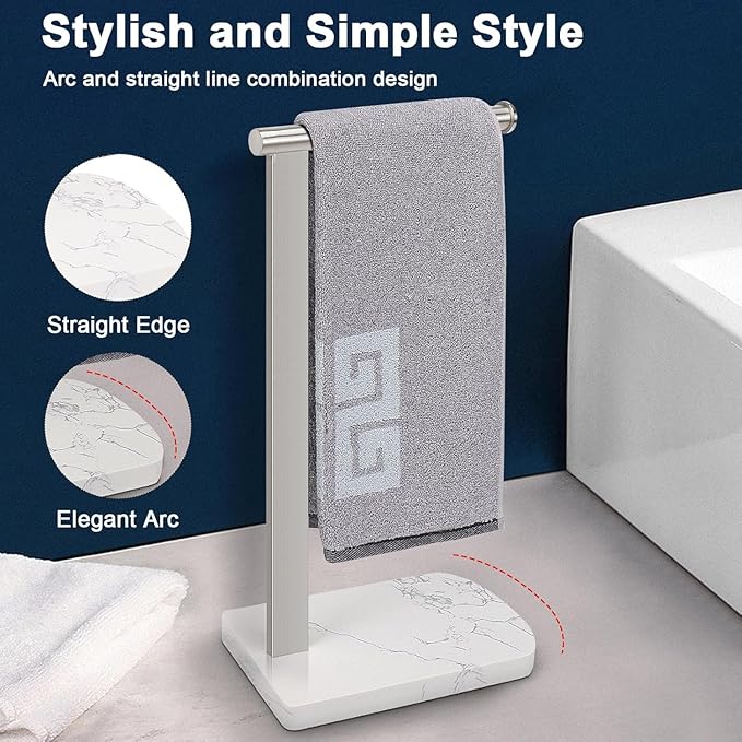 NearMoon Hand Towel Holder with Balanced Marble Base, 304 Stainless Steel Stand Towel Ring L Shape Hand Towel Rack Free-Standing Towel Bar for Bathroom Kitchen Countertop (Single Rod, Brushed Nickel)