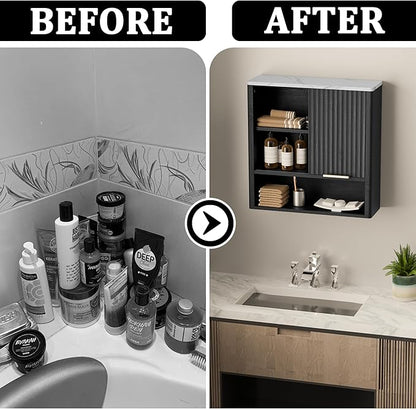 24” Bathroom Wall Cabinet, Modern Wood Medicine Cabinet with Adjustable Shelves, Above Toilet Storage Organizer for Kitchen, Living Room,Laundry Room,Black