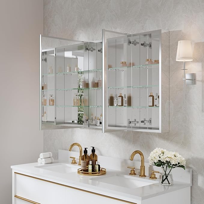 WELLFOR 44" x 30" Rectangle Medicine Cabinet Mirror, Surface Mount or Recessed Medicine Cabinet with Tempered Mirror, Anodized Chrome Aluminum Frame, Bathroom Mirror with Storage
