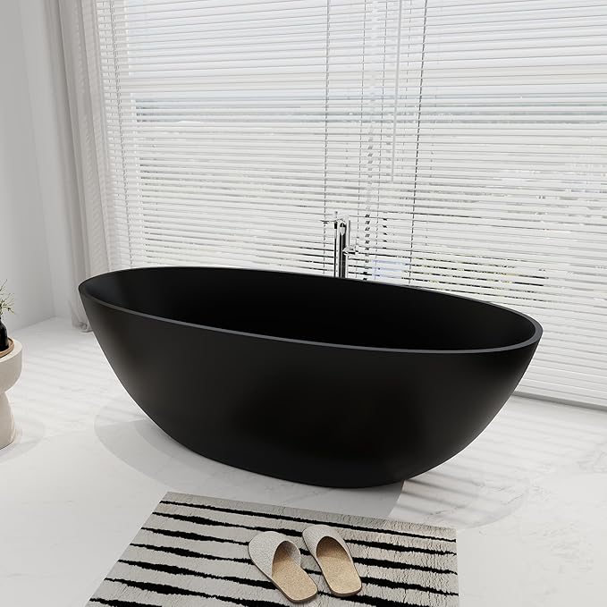 SJ STAR&JANE 65" Solid Surface Freestanding Bathtub, Oval Soaking Stone Resin Tub Stand Alone Tub with Overflow and Pop-up Drain for Bathroom Matte Black