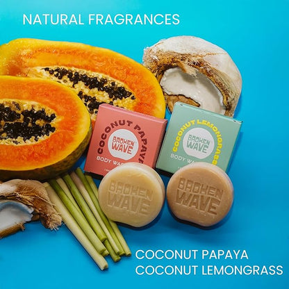 Broken Wave Natural Bar Soap for Women and Men | Hydrating, Vegan, Cruelty-Free Bar Soap | Coconut Lemongrass & Papaya Scent | Sulfate, Paraben & Plastic-Free Body Soap for Soft & Smooth Skin | 2-Pack