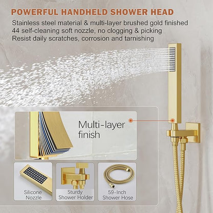 Gold Shower System, Shower Faucet Set with 10-Inch Rain Showerhead and Handheld Spray, Wall Mounted High-Pressure Showerhead Combo Set Included Valve and Trim, Brushed Gold